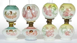 ASSORTED VICTORIAN DECORATED OPAQUE GLASS MINIATURE LAMPS, LOT OF FOUR