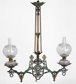 CAST-IRON ATTRIBUTED TUCKER MANUFACTURING CO. HANGING DOUBLE-ARM KEROSENE EXTENSION CHANDELIER