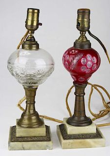 Two Mid 19Th C. Oil Lamps With Brass And Marble Bases