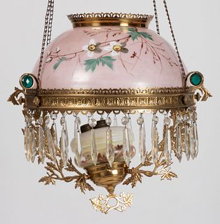 VICTORIAN DECORATED OPAL BRASS AND JEWELED KEROSENE HANGING / LIBRARY LAMP