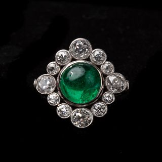 18k Emerald Cabochon and Diamond Vintage Ring