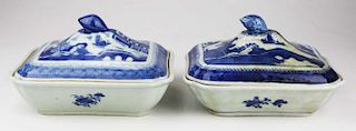 Pair Of Chinese Canton Blue And White Porcelain Covered