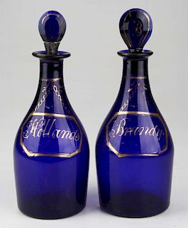 Pair Of Early 19Th C. Blown Cobalt Mallet Form Decanters