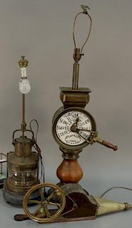 Three piece group to include telegraph style lamp (ht. 45in.), masthead brass lantern lamp, and a bellow with a crank mechani