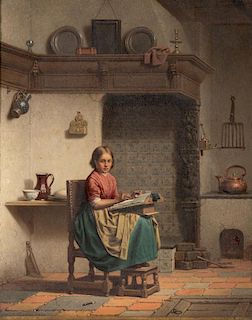 CHARLES JOSEPH GRIPS (Belgian, 1825-1920), Interior Scene with Lacemaker