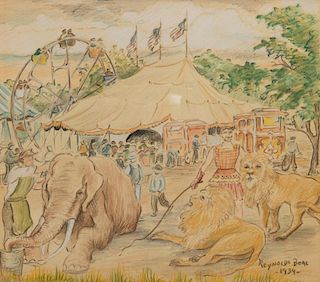 REYNOLDS BEAL (American, 1866-1951), Circus Lions and Elephants