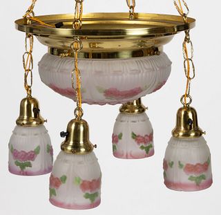 EMBOSSED FLORAL PANELS GLASS AND BRASS ELECTRIC HANGING CHANDELIER