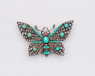 Silver, Yellow Gold, Turquoise, and Diamond Butterfly Brooch