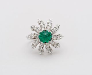 14K White Gold, Emerald, and Diamond Ring