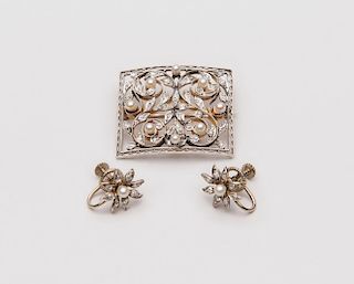 Platinum, Gold, Diamond, and Pearl Brooch and Earclips