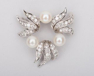 18K White Gold, Pearl, and Diamond Brooch
