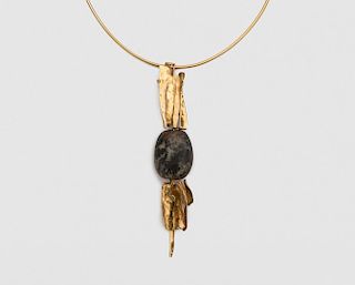 MIYE MATSUKATA, JANIYE 18K Yellow Gold and Mayan Stone Pendant/Brooch with Necklace