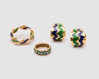 18K Yellow Gold and Enamel Jewelry