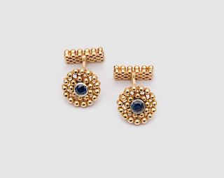 Russian 18K Yellow Gold, Silver, and Sapphire Cufflinks