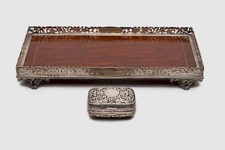 English Silver Galleried Tray, together with an English Silver Box