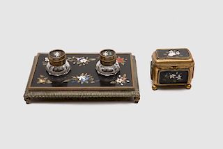 Continental Pietra Dura Inset Inkwell and Box