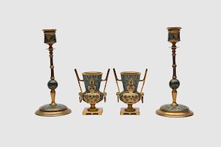 F. BARBEDIENNE Champleve Bronze Candlesticks and Diminutive Urns