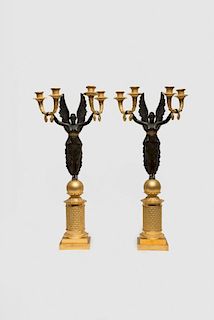 Pair of Neoclassical French Patinated and Gilt Bronze Candelabra