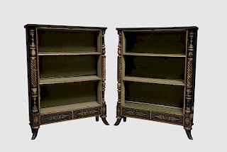 Pair of Regency Black Painted and Parcel Gilt Two Drawer Book Cabinets