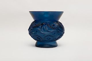 R. LALIQUE Blue Glass Zinnia Vase