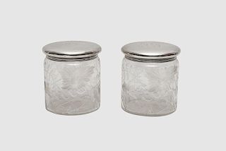 Pair of GORHAM Silver Lidded Etched Glass Jars