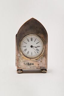 English Silver Gothic Arch Form Miniature Clock