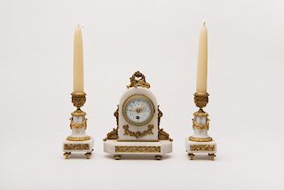 French Ormolu Mounted White Marble Three Piece Clock Garniture