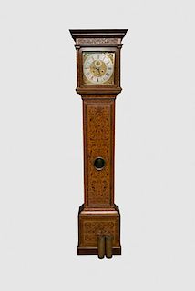 William and Mary Marquetry Inlaid Fruitwood and Burl Walnut Tall Case Clock