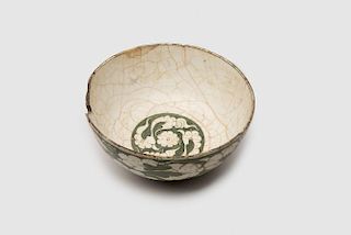 Persian Green and White Glazed Pottery Footed Bowl