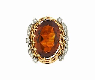 Mid Century 18K Gold Diamond Orange Stone Ring