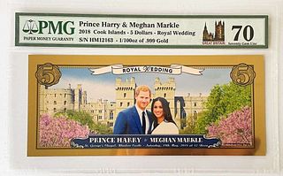 2018 Royal Wedding Harry & Megan Markle .999 Gold 1/100th ozt $5 Legal Tender PMG 70