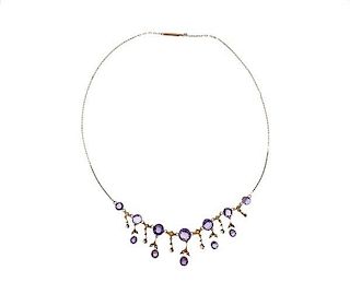 Antique Victorian 10K Gold Purple Stone Pearl Necklace