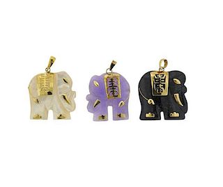 14K Gold Mother of Pearl Jade Elephant Pendant Lot of 3
