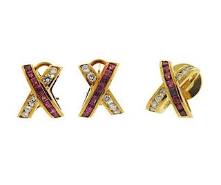 Mayor&#39;s 18K Gold Diamond Ruby X Earrings Pin Set