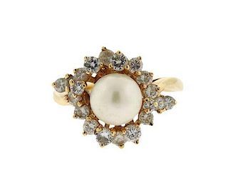 14K Gold Pearl Diamond Ring