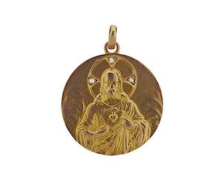 Antique 18K Gold Diamond Sacred Heart of Jesus Medal Pendant