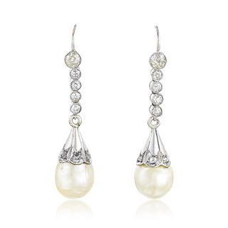 Antique Natural Pearl and Diamond Earrings, GCS Certified