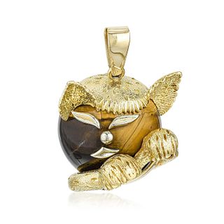 Vintage Tiger's Eye and Gold Cat Pendant, French