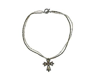 Silver Labradorite Hematite Diamond Cross Pendant Necklace