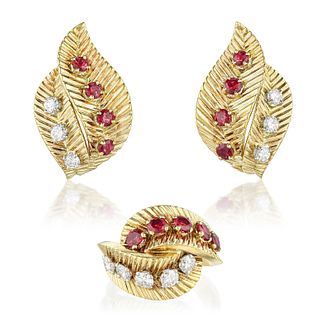 Van Cleef &amp; Arpels Vintage Ruby and Diamond Leaf Ring and Earrings