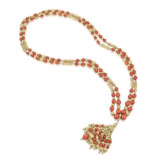 Vintage Coral Bead Tassel Necklace