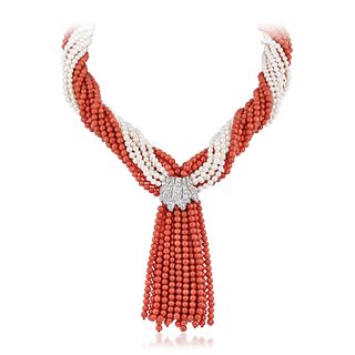 Coral Pearl and Diamond Torsade Tassel Necklace