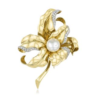 Diamond and Pearl Gold Floral Brooch, Italian