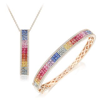 Multi-Colored Sapphire and Diamond Necklace and Bangle Bracelet