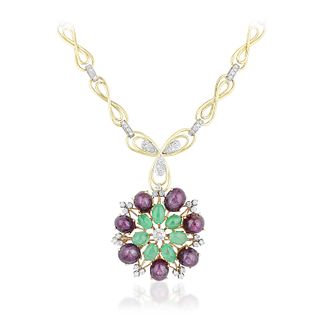 Ruby Emerald and Diamond Gold Brooch/Pendant and Diamond Necklace
