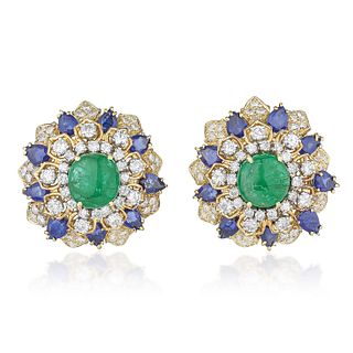 Vintage Emerald Diamond and Sapphire Gold Earrings