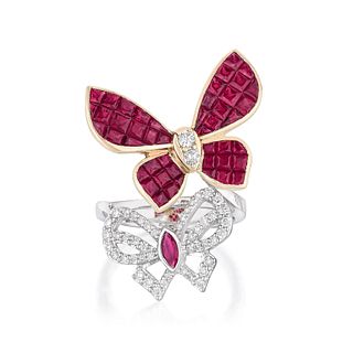 Ruby and Diamond Twin Butterfly Ring