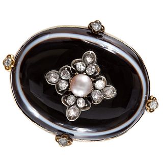 ANTIQUE AGATE DIAMOND AND PEARL BROOCH