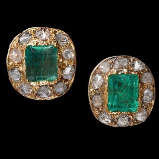 PAIR OF ANTIQUE EMERALD AND DIAMOND CLUSTER EARRINGS