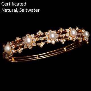CERTIFICATED NATURAL SALTWATER PEARL AND DIAMOND BANGLE